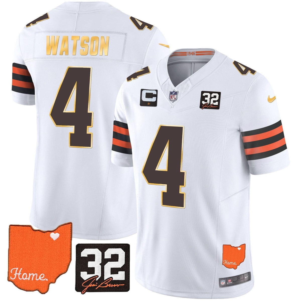 Browns #32 Jim Brown Memorial & Home Patch Gold Trim Jersey - All Stitched - image 15
