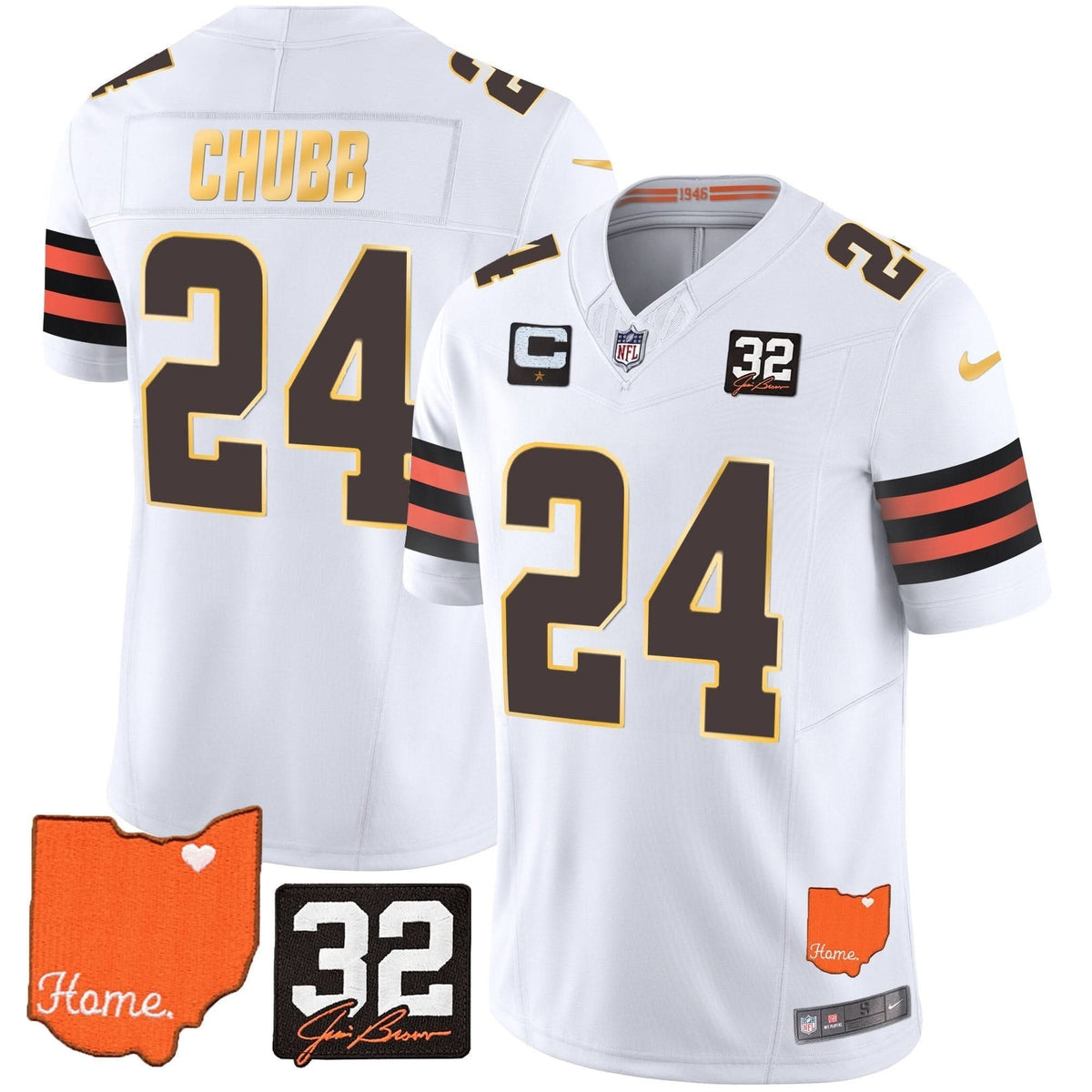 Browns #32 Jim Brown Memorial & Home Patch Gold Trim Jersey - All Stitched - image 16