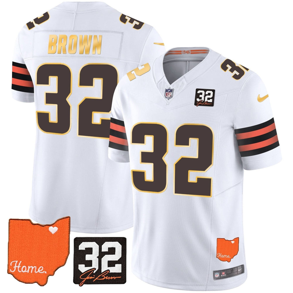 Browns #32 Jim Brown Memorial & Home Patch Gold Trim Jersey - All Stitched - image 18
