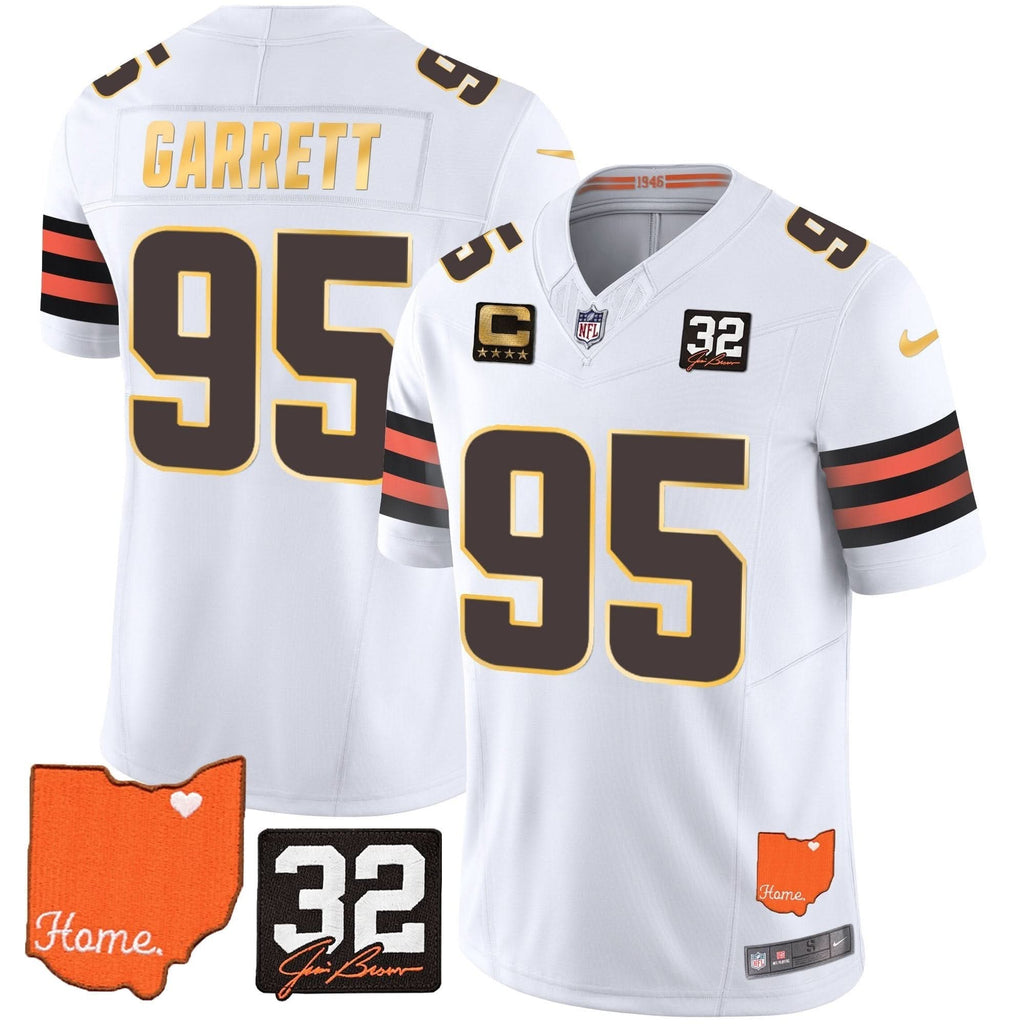 Browns #32 Jim Brown Memorial & Home Patch Gold Trim Jersey - All Stitched - image 5