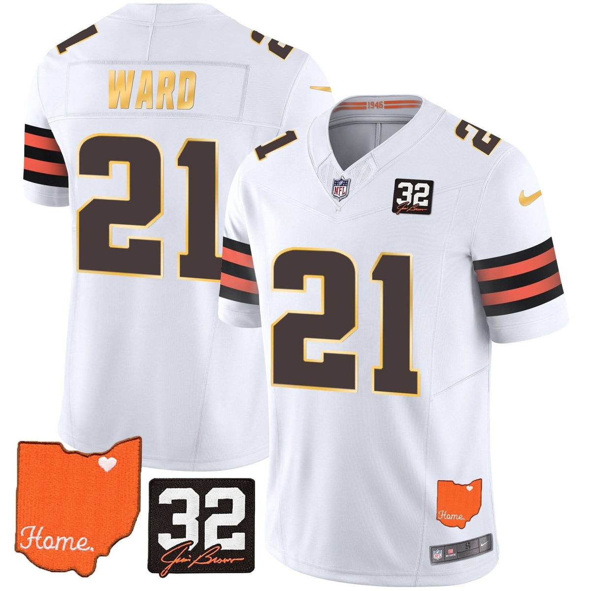 Browns #32 Jim Brown Memorial & Home Patch Gold Trim Jersey - All Stitched - image 20