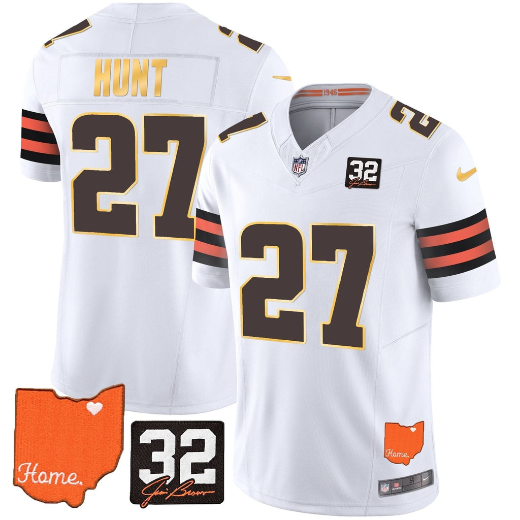 Browns #32 Jim Brown Memorial & Home Patch Gold Trim Jersey - All Stitched - image 21