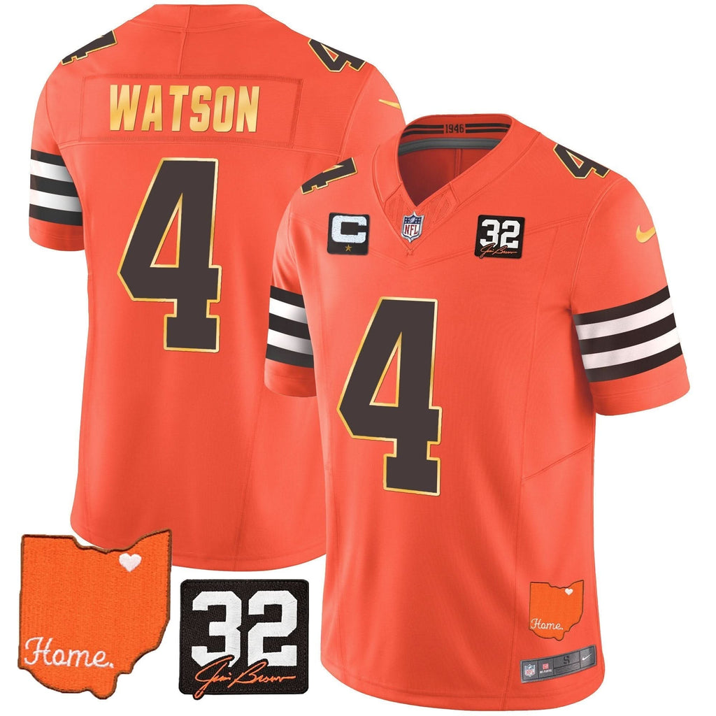 Browns #32 Jim Brown Memorial & Home Patch Gold Trim Jersey - All Stitched - image 8