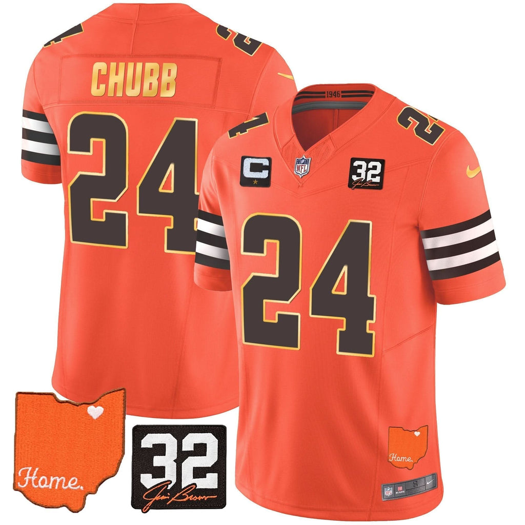 Browns #32 Jim Brown Memorial & Home Patch Gold Trim Jersey - All Stitched - image 9