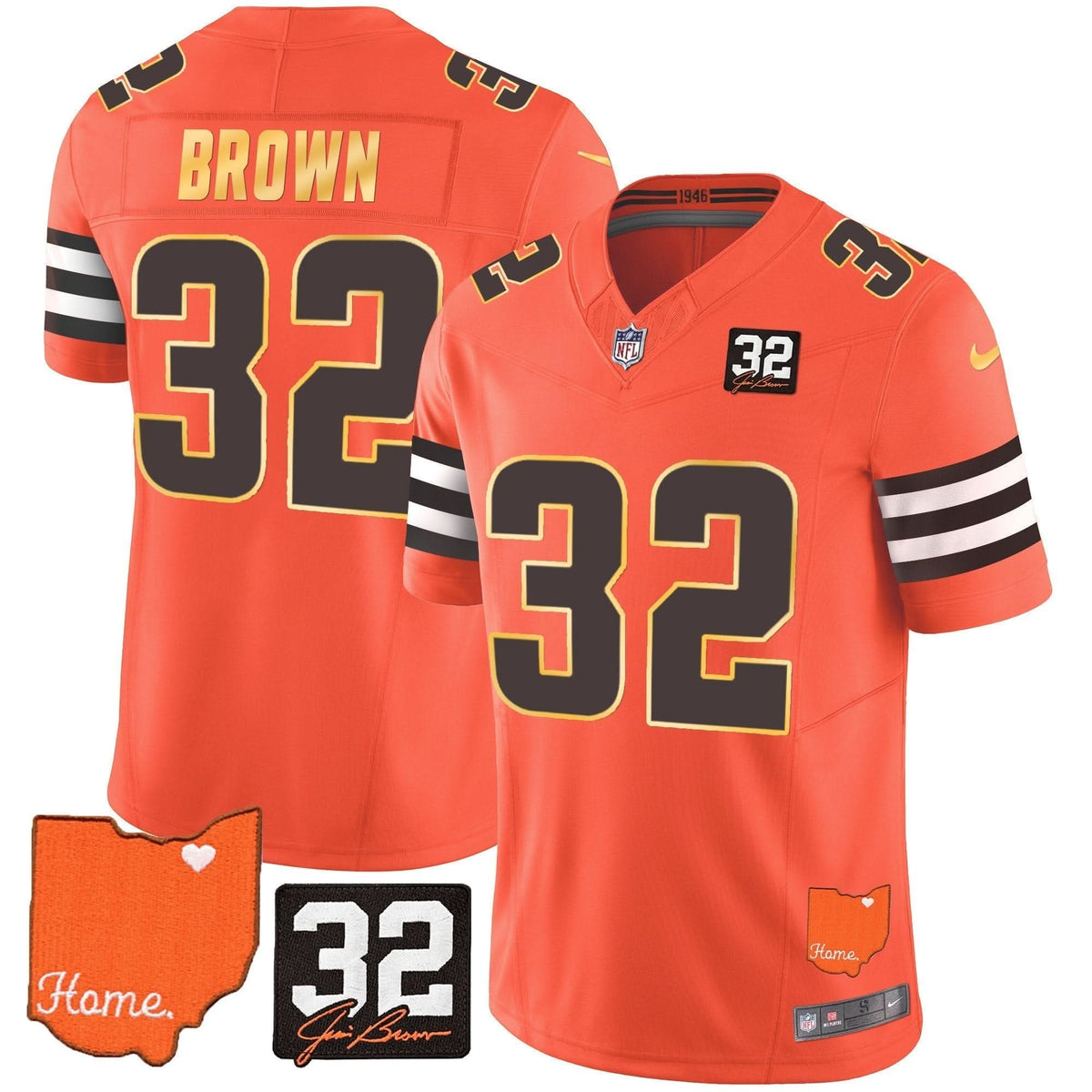 Browns #32 Jim Brown Memorial & Home Patch Gold Trim Jersey - All Stitched - image 25