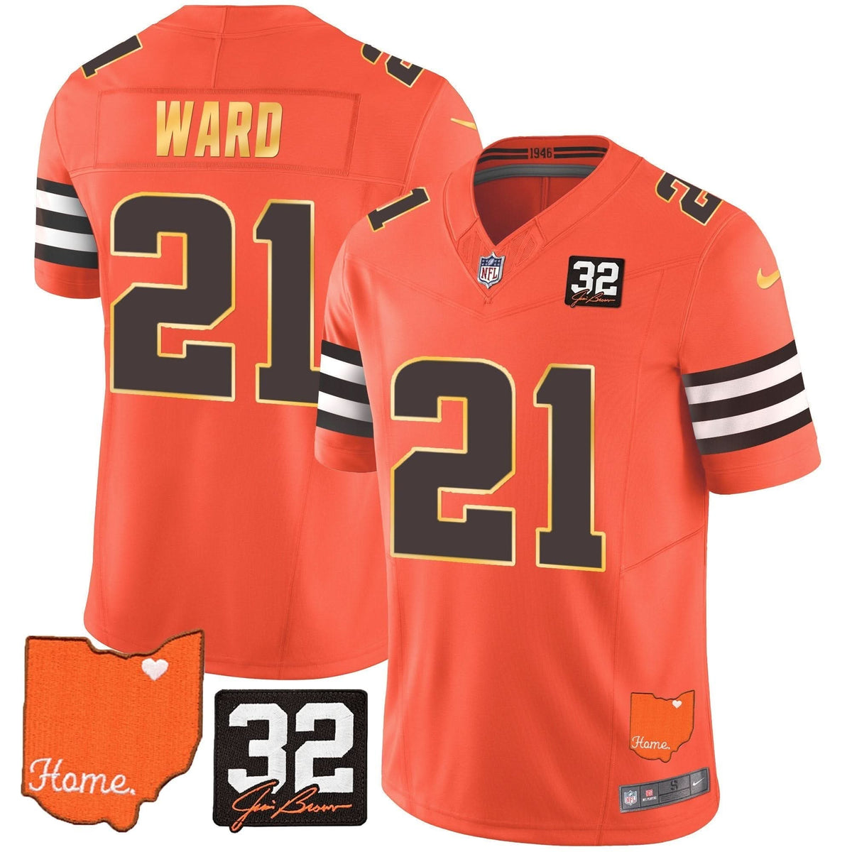 Browns #32 Jim Brown Memorial & Home Patch Gold Trim Jersey - All Stitched - image 13