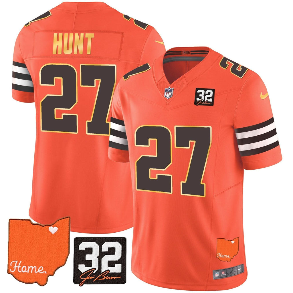 Browns #32 Jim Brown Memorial & Home Patch Gold Trim Jersey - All Stitched - image 14
