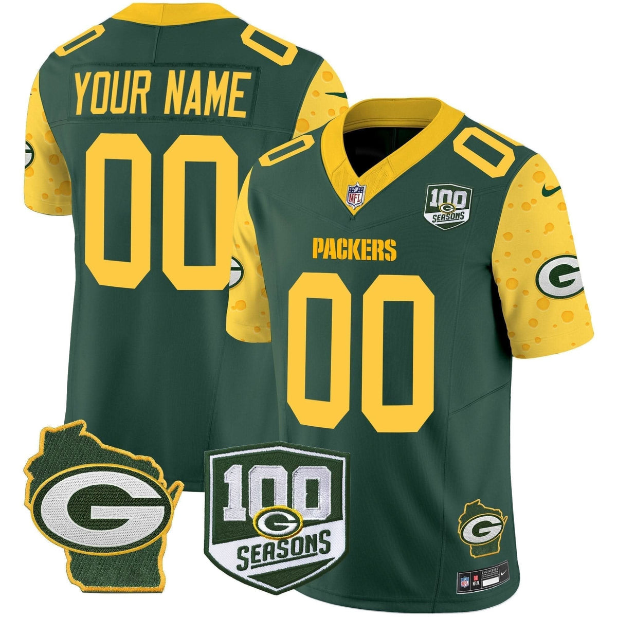 Packers 100th Season & Home Patch Cheese Vapor Limited Custom Jersey - All Stitched - image 1