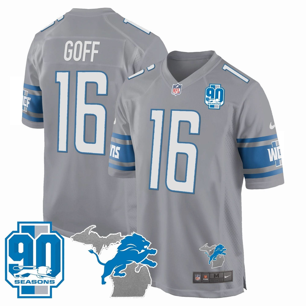 Detroit Lions 90th Year & Michigan Patch Game Jersey - All Stitched - image 2