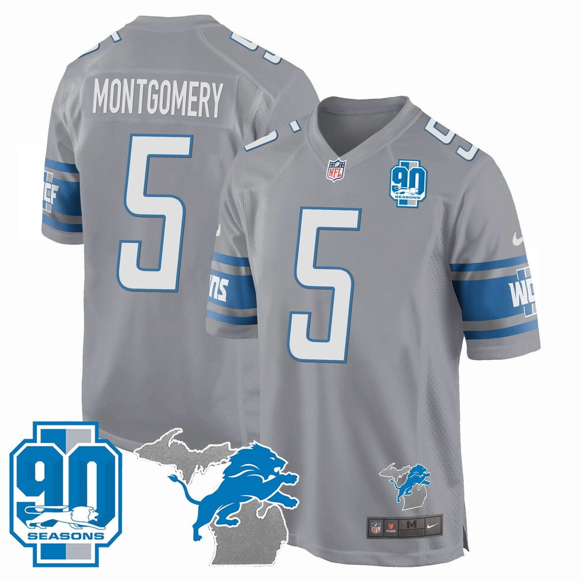 Detroit Lions 90th Year & Michigan Patch Game Jersey - All Stitched - image 4