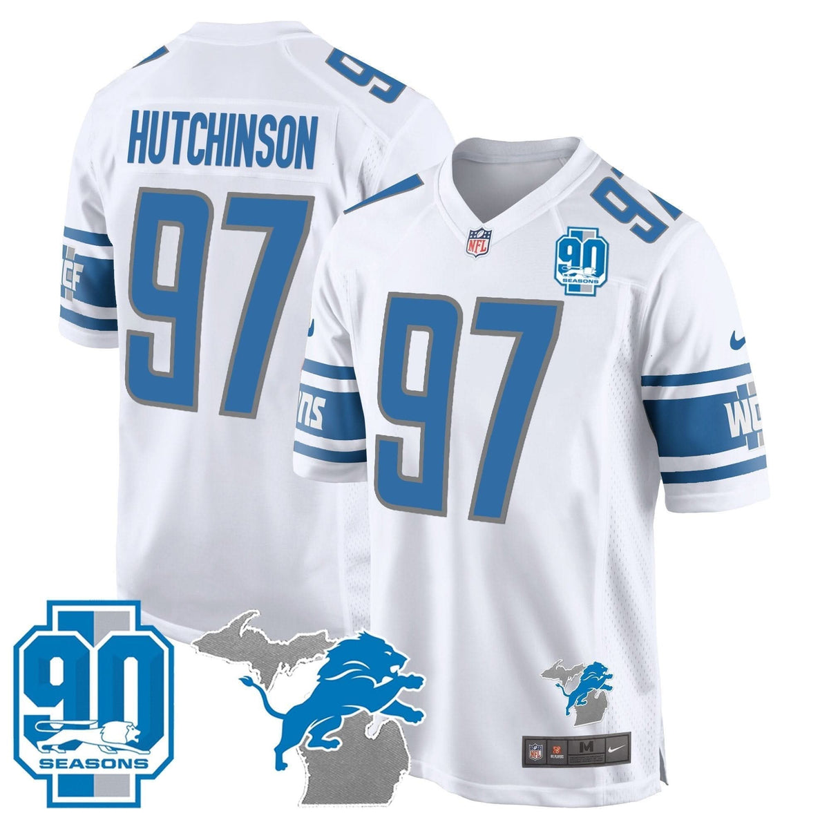 Detroit Lions 90th Year & Michigan Patch Game Jersey - All Stitched - image 13