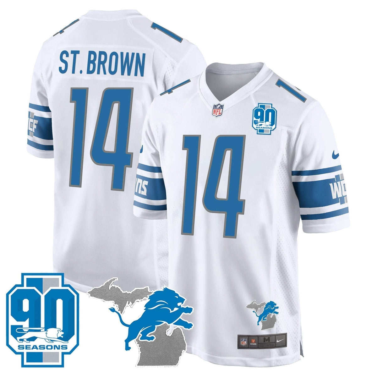 Detroit Lions 90th Year & Michigan Patch Game Jersey - All Stitched - image 15