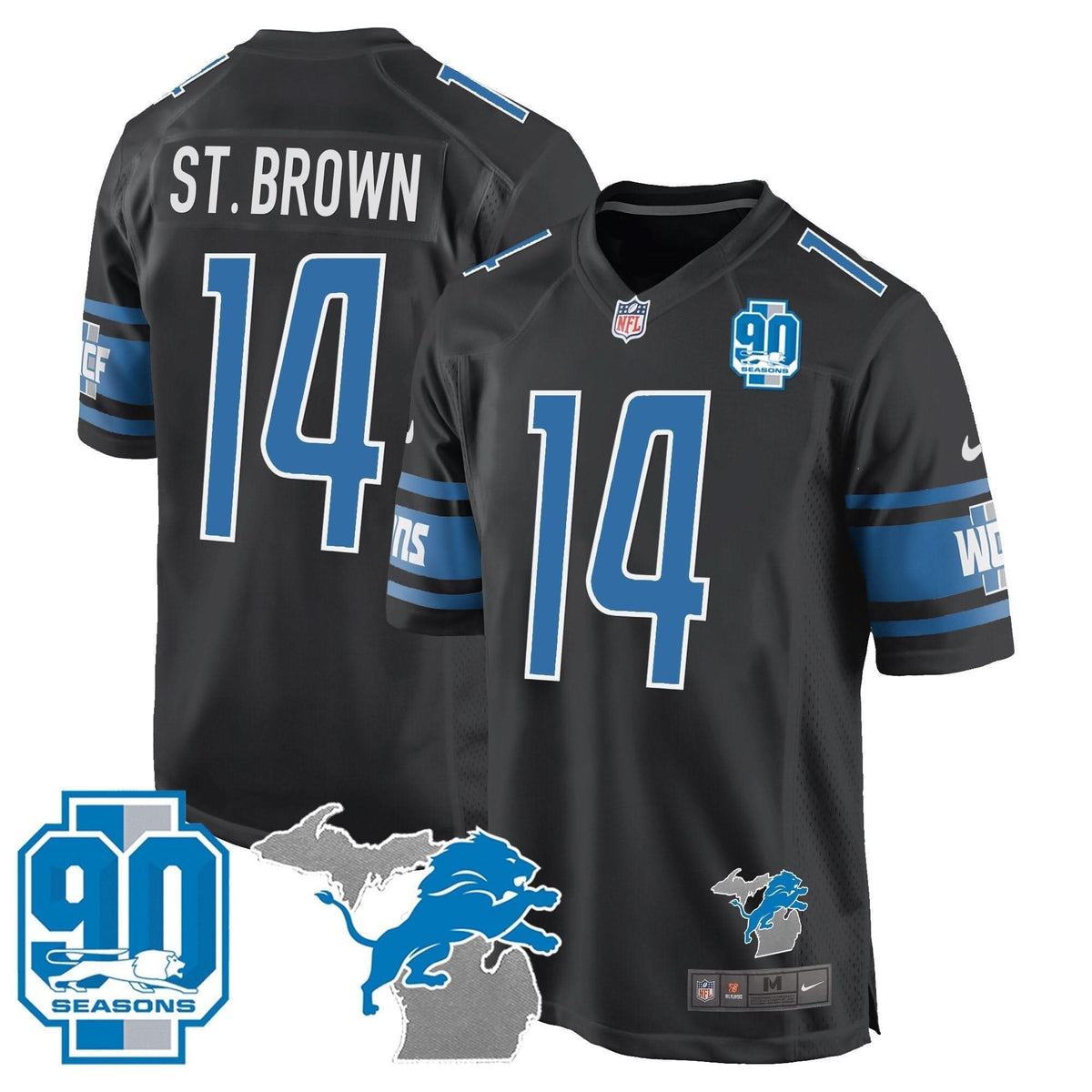 Detroit Lions 90th Year & Michigan Patch Game Jersey - All Stitched - image 21
