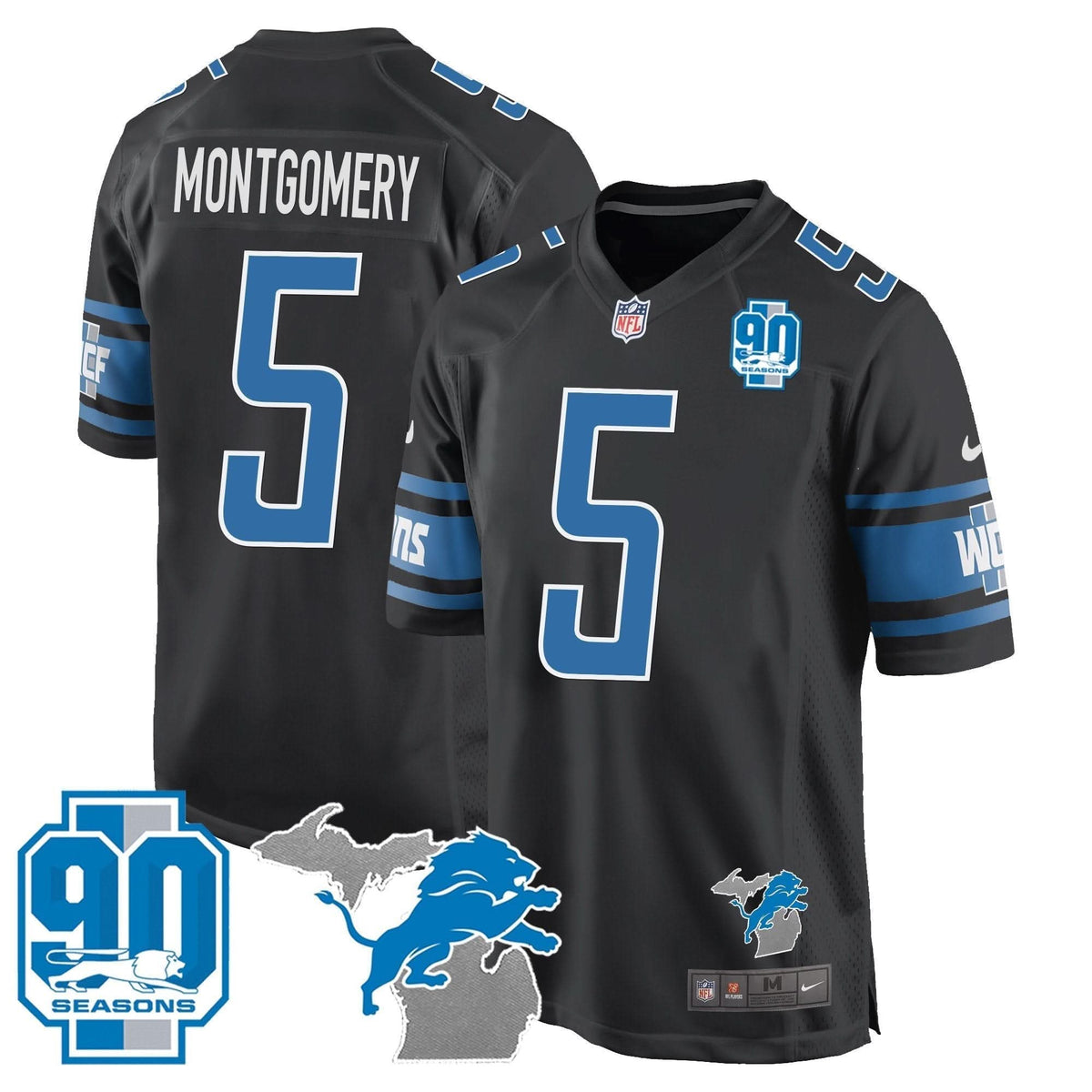 Detroit Lions 90th Year & Michigan Patch Game Jersey - All Stitched - image 22