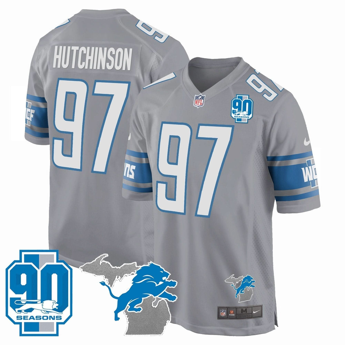 Detroit Lions 90th Year & Michigan Patch Game Jersey - All Stitched - image 1