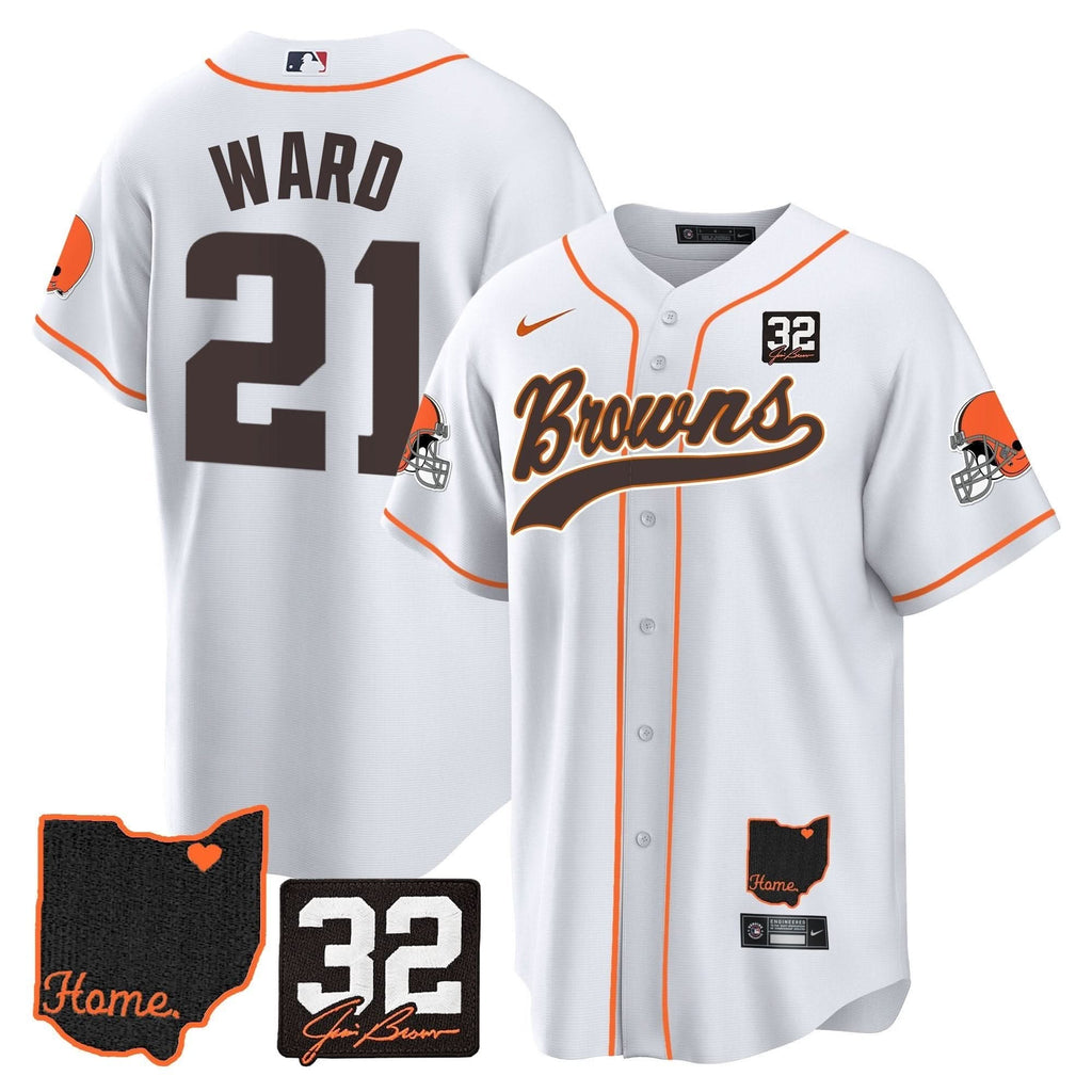 Browns #32 Jim Brown Memorial & Home Patch Baseball Jersey V2 - All Stitched - image 1