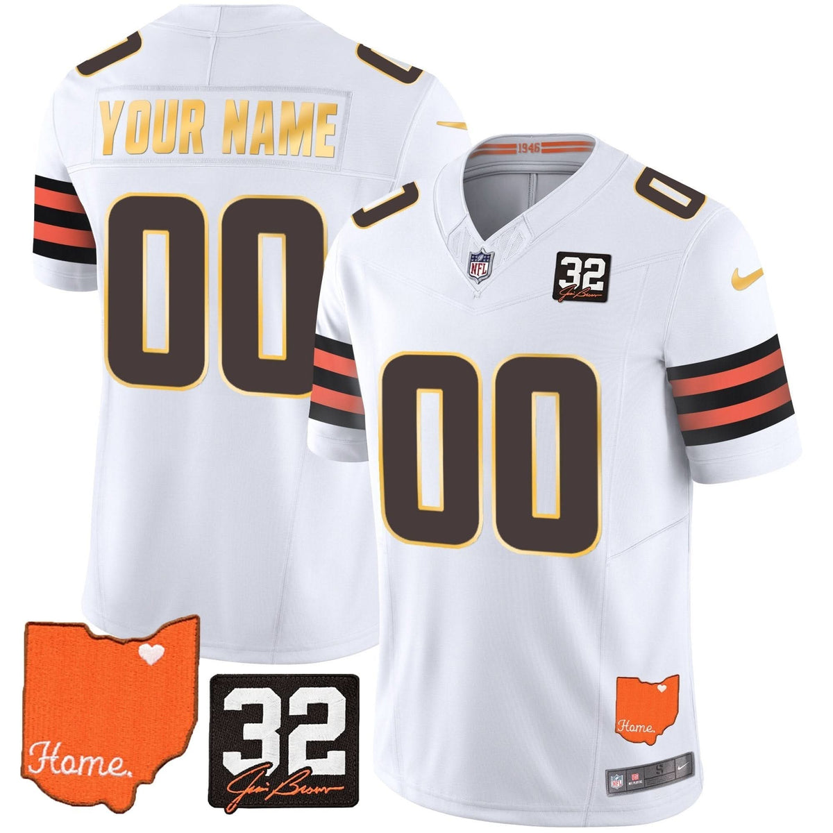 Browns #32 Jim Brown Memorial & Home Patch Gold Trim Custom Jersey - All Stitched - image 5