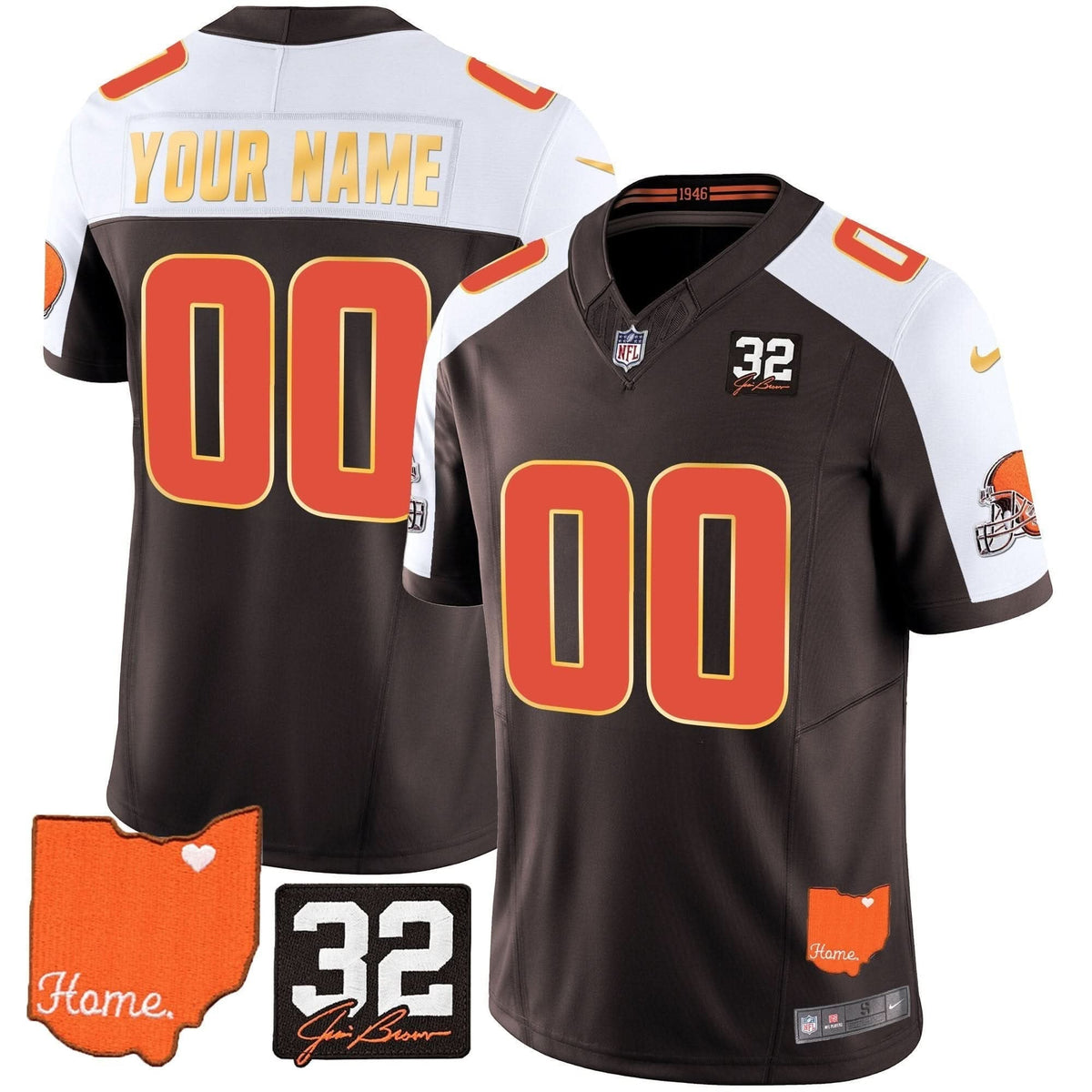 Browns #32 Jim Brown Memorial & Home Patch Gold Trim Custom Jersey - All Stitched - image 1