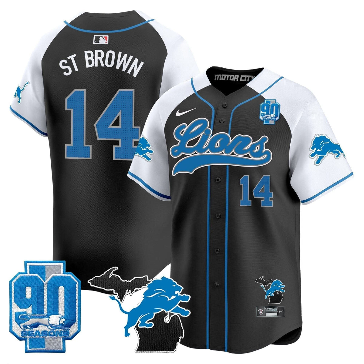 Detroit Lions 2024 Michigan & 90th Season Patch Baseball Jersey - All Stitched - image 3