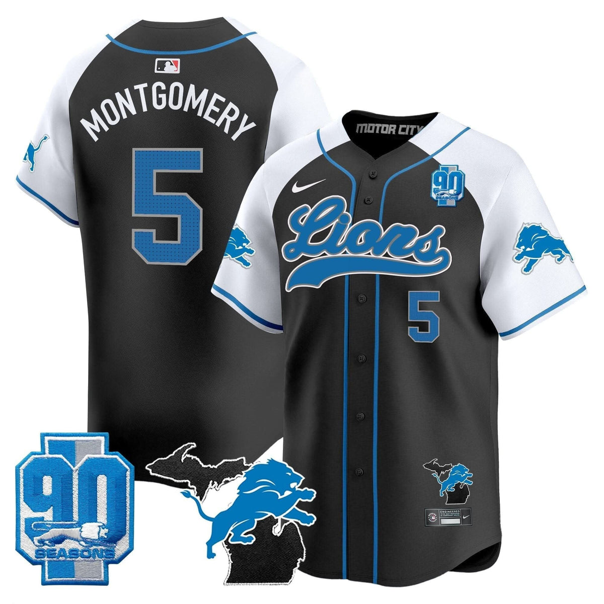 Detroit Lions 2024 Michigan & 90th Season Patch Baseball Jersey - All Stitched - image 4