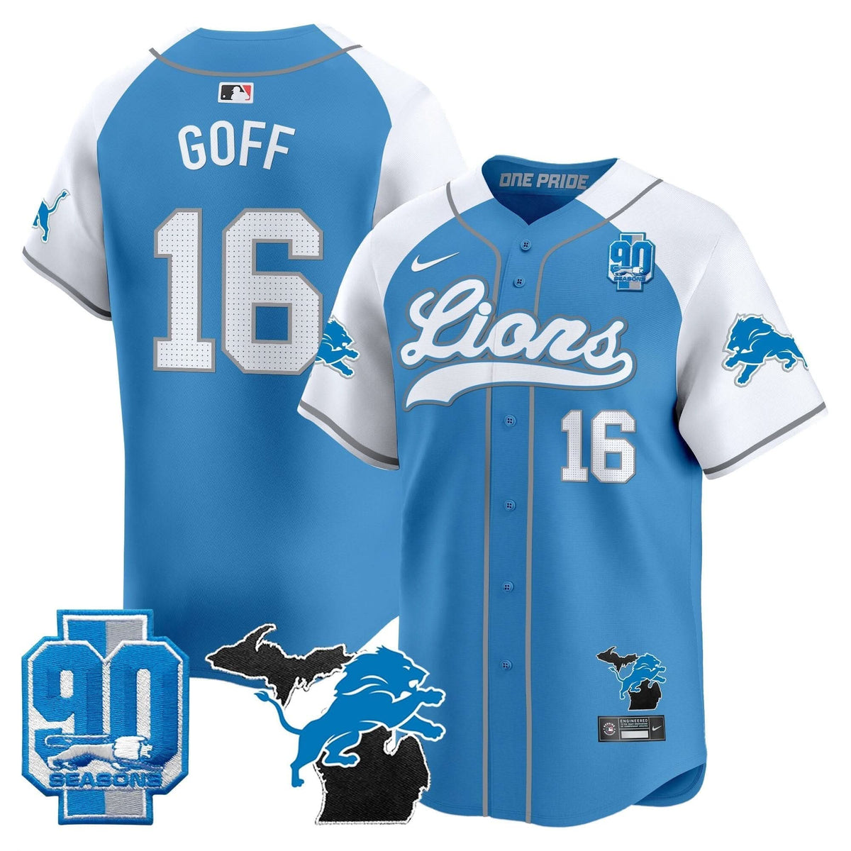 Detroit Lions 2024 Michigan & 90th Season Patch Baseball Jersey - All Stitched - image 9