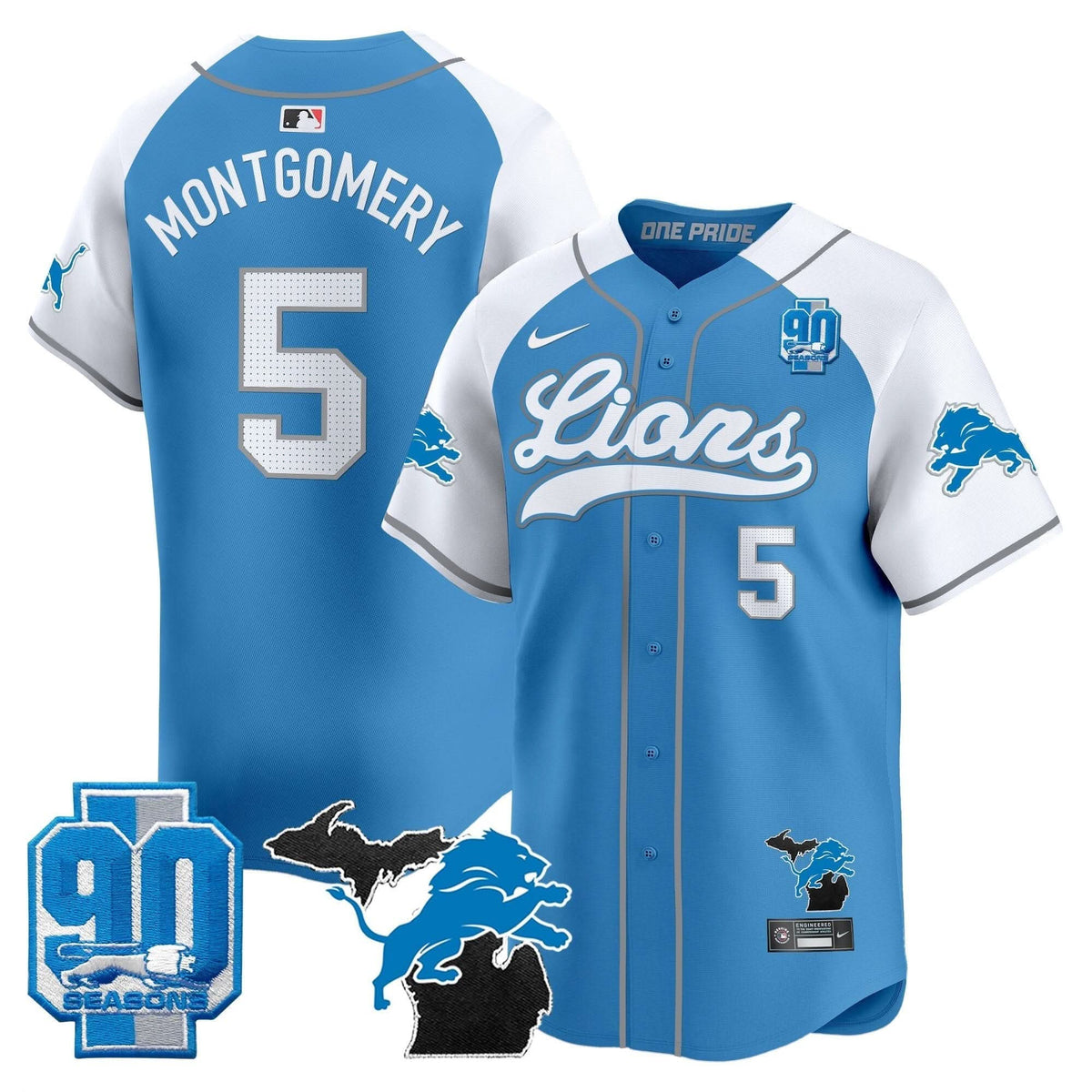 Detroit Lions 2024 Michigan & 90th Season Patch Baseball Jersey - All Stitched - image 12