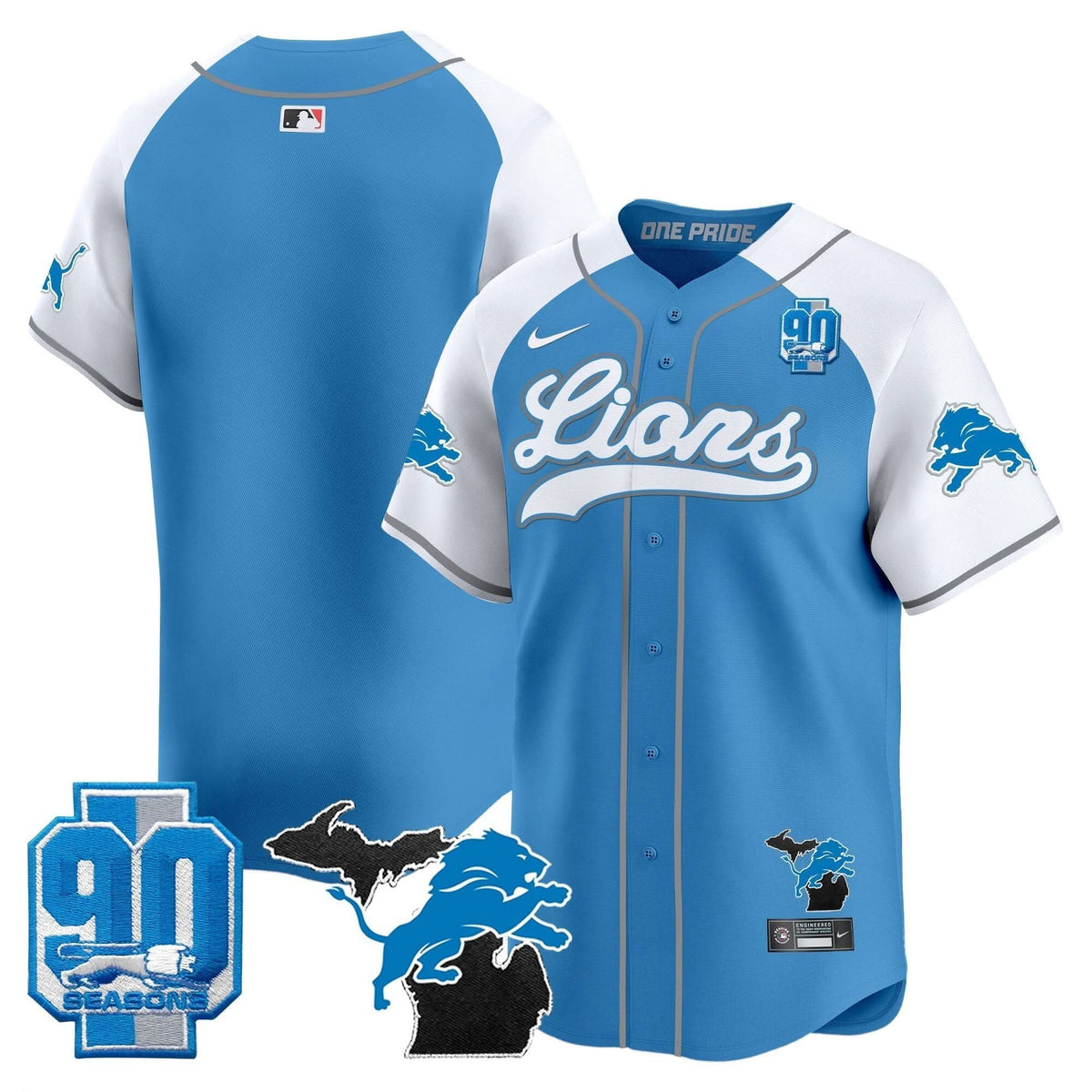 Detroit Lions 2024 Michigan & 90th Season Patch Baseball Jersey - All Stitched - image 16
