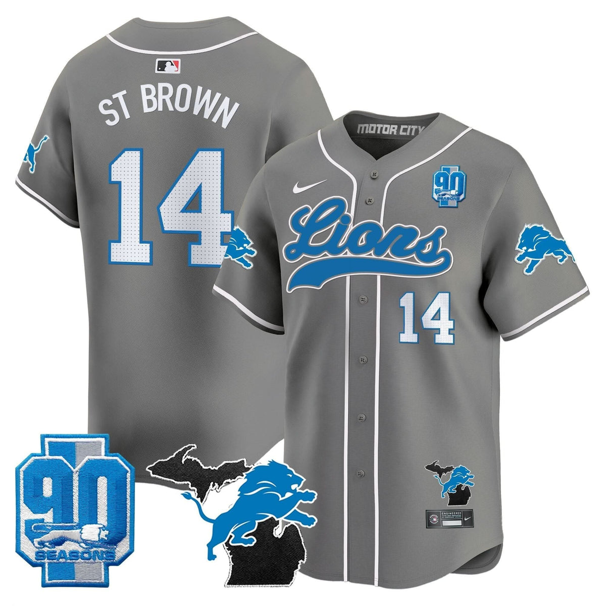 Detroit Lions 2024 Michigan & 90th Season Patch Baseball Jersey - All Stitched - image 35