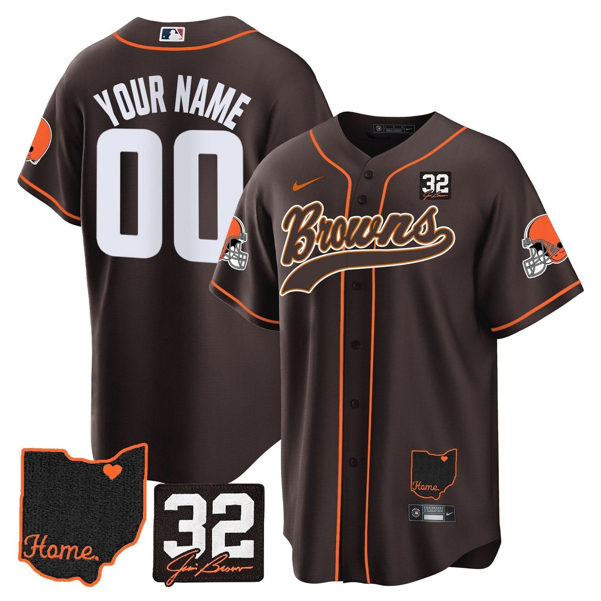 Browns #32 Jim Brown Memorial & Home Patch Baseball Custom Jersey V2 - All Stitched - image 1