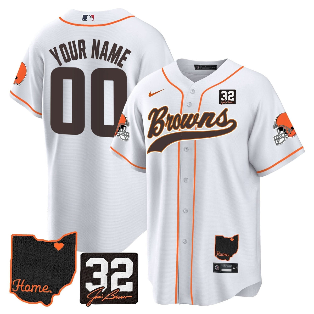 Browns #32 Jim Brown Memorial & Home Patch Baseball Custom Jersey V2 - All Stitched - image 2