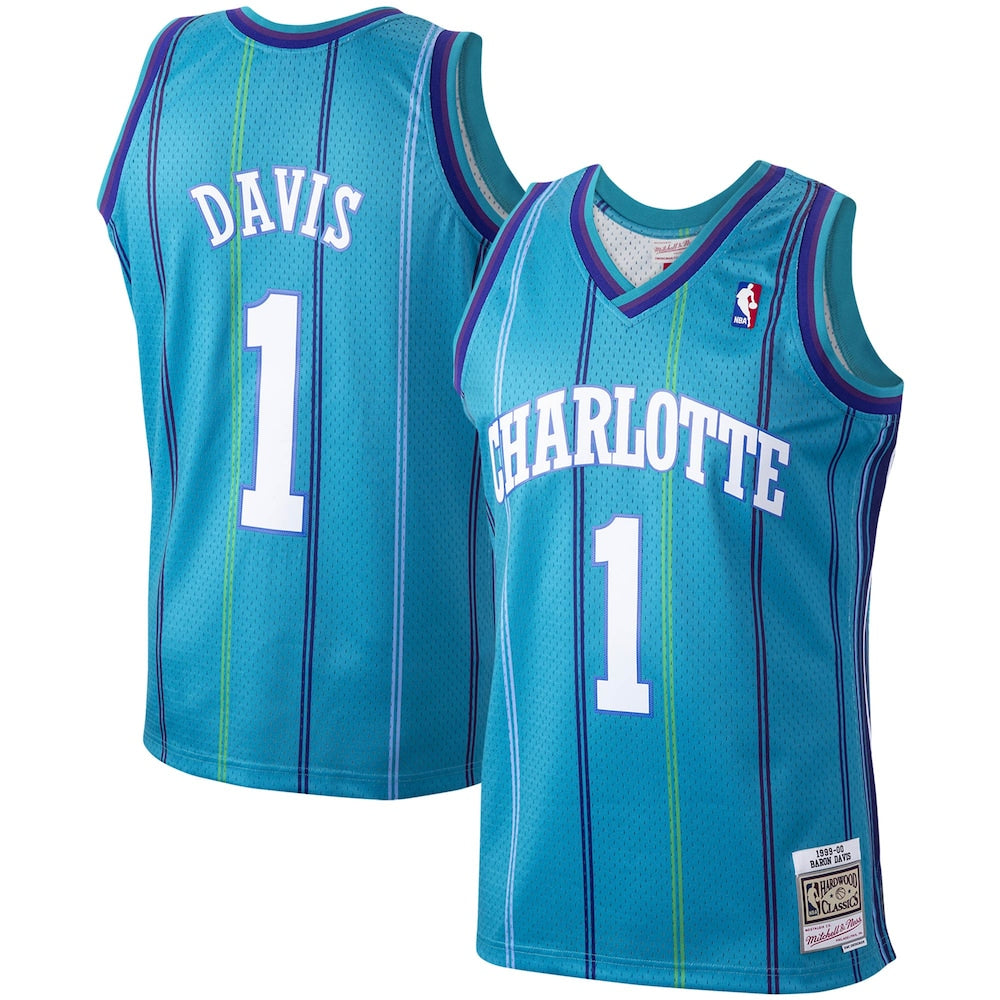 Baron Davis Teal Charlotte Hornets Hardwood Classics 1999 00 Swingman Jersey | Stitched Jersey RTJS 11849 - image 1