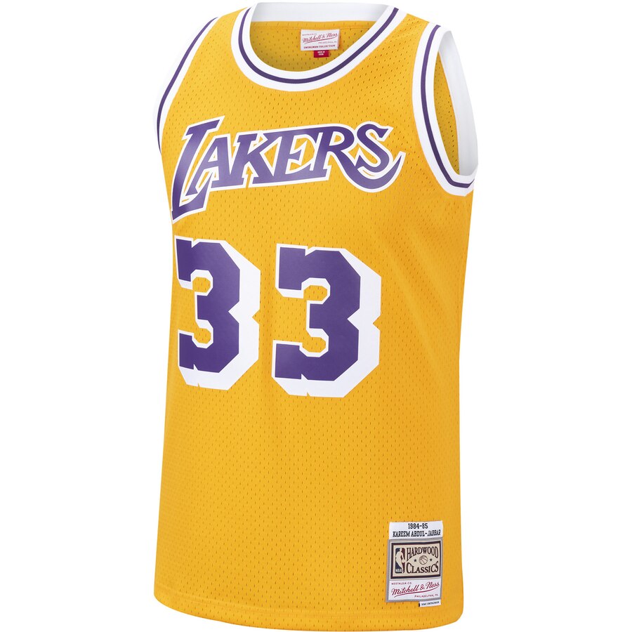 Men's Los Angeles Lakers Kareem Abdul-Jabbar Mitchell & Ness Gold 1984-85 Hardwood Classics Swingman Jersey - image 2